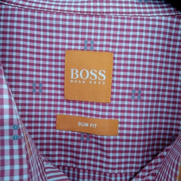 Boss Hugo Boss Shirt Mens XL Red Gingham Check Geometric Slim Fit Orange Tag - Picture 3 of 9